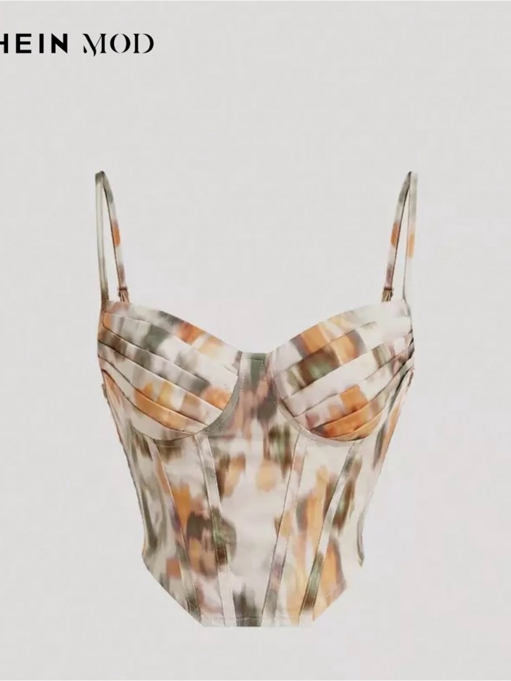 SHEIN MOD Watercolor Pleated Bustier Crop Top - Orange, Green, Cream